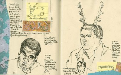 8 1/2 x 11 inch handmade journal with OLD Gutenberg paper. Some collage and thoughts, as well as sketches of James Corden.